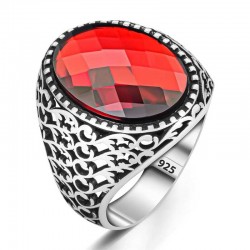 Gümüş Kırmızı Zirkon Taşlı Oval Erkek Yüzük Gümüş Kırmızı Zirkon Taşlı Oval Erkek Yüzük