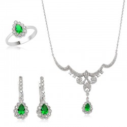 Gümüş Yeşil Taşlı Damla Bayan Set Gümüş Yeşil Taşlı Damla Bayan Set