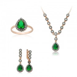 Gümüş Yeşil Taşlı Damla Bayan Set Gümüş Yeşil Taşlı Damla Bayan Set