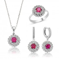 Gümüş Pembe Çiçek Bayan Set Gümüş Pembe Çiçek Bayan Set