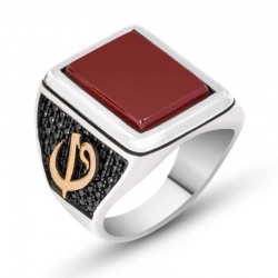 Gümüş Akik Taşlı Elif Vav Erkek Yüzük Gümüş Akik Taşlı Elif Vav Erkek Yüzük