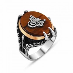 Gümüş Kaplan Gözü Taşlı Tuğralı Erkek Yüzük Gümüş Kaplan Gözü Taşlı Tuğralı Erkek Yüzük