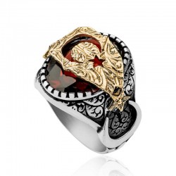 Gümüş Kırmızı Fasetli Taşlı Ay Yıldız Erkek Yüzük