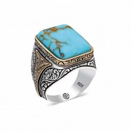 Gümüş  Zirkon Turkuaz Taşlı Kare Erkek Yüzük Gümüş  Zirkon Turkuaz Taşlı Kare Erkek Yüzük