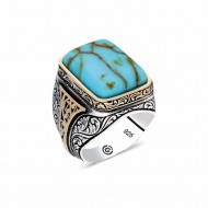 Gümüş Turkuaz Çizgi Geçişli Taşlı Kare Erkek Yüzük Gümüş Turkuaz Çizgi Geçişli Taşlı Kare Erkek Yüzük