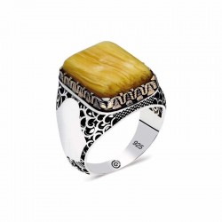 Gümüş  Koyu Sarı Sıkma Kehribar Taşlı Kare Erkek Yüzük Gümüş  Koyu Sarı Sıkma Kehribar Taşlı Kare Erkek Yüzük