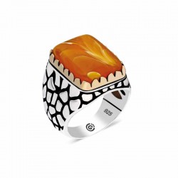 Gümüş Turuncu Sıkma Kehribar Taşlı Kare Erkek Yüzük Gümüş Turuncu Sıkma Kehribar Taşlı Kare Erkek Yüzük