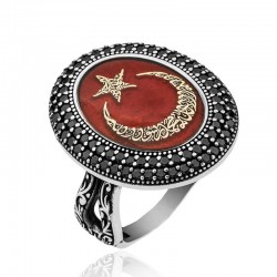 Gümüş Göktürkçe alfabesi Yazılı Ay Yıldız Bayan Yüzük Gümüş Göktürkçe alfabesi Yazılı Ay Yıldız Bayan Yüzük