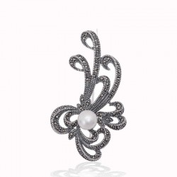 Gümüş Markazit Taşlı Desenli İnci Broş Gümüş Markazit Taşlı Desenli İnci Broş