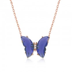 Gümüş Rose Mavi Cam Kelebek Kolye Gümüş Rose Mavi Cam Kelebek Kolye