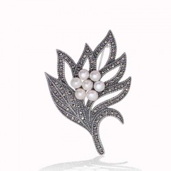 Gümüş Markazit Taşlı Yaprak İnci Broş Gümüş Markazit Taşlı Yaprak İnci Broş