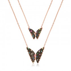 Gümüş Rose Çift Zincirli Kelebek Kolye Gümüş Rose Çift Zincirli Kelebek Kolye