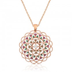 Gümüş Rose Geometrik Desenli Madalyon Kolye