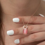 Gümüş Pembe Kedi Gözü Taşlı Kalp Kolye Gümüş Pembe Kedi Gözü Taşlı Kalp Kolye