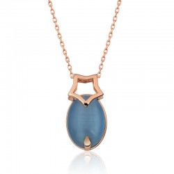 Gümüş Rose Mavi Kedi Gözü Taşlı Yıldız Kolye