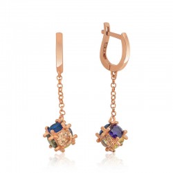 Gümüş Zincirli Renkli Taşlı Küp Küpe Gümüş Zincirli Renkli Taşlı Küp Küpe