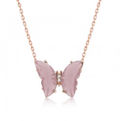 Gümüş Rose Pudra Cam Kelebek Kolye Gümüş Rose Pudra Cam Kelebek Kolye