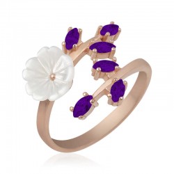 Gümüş Rose Mor Yapraklı Bahar Çiçeği Yüzük Gümüş Rose Mor Yapraklı Bahar Çiçeği Yüzük