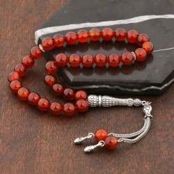 Doğaltaş Metal Püsküllü Bordo Akik Taşlı Tesbih Doğaltaş Metal Püsküllü Bordo Akik Taşlı Tesbih