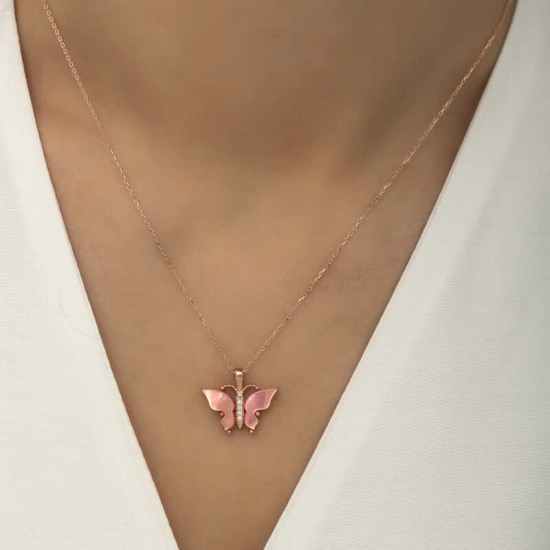 Peraland - Gümüş Pembe Kaplangözü Taşlı Kelebek Kolye Gümüş Pembe Kaplangözü Taşlı Kelebek Kolye