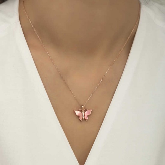 Peraland - Gümüş Pembe Kaplangözü Taşlı Kelebek Kolye Gümüş Pembe Kaplangözü Taşlı Kelebek Kolye