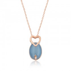 Gümüş Rose Mavi Kedi Gözü Taşlı Kalp Kolye Gümüş Rose Mavi Kedi Gözü Taşlı Kalp Kolye