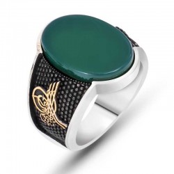 Gümüş Yeşil Akik Tuğralı Erkek Yüzük Gümüş Yeşil Akik Tuğralı Erkek Yüzük