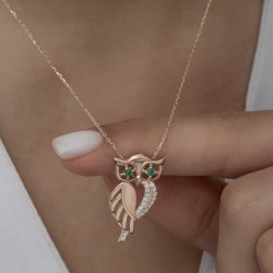 Gümüş Rose Yeşil Gözlü Baykuş Kadın Kolye Gümüş Rose Yeşil Gözlü Baykuş Kadın Kolye
