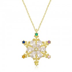 Gümüş Gold Renkli Taşlı Kar Tanesi Kadın Kolye Gümüş Gold Renkli Taşlı Kar Tanesi Kadın Kolye