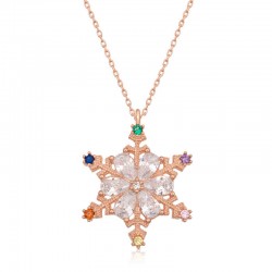 Gümüş Rose Renkli Taşlı Kar Tanesi Kadın Kolye
