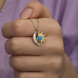 Gümüş Opal Mavi Taşlı Ay Güneş Kadın Kolye Gümüş Opal Mavi Taşlı Ay Güneş Kadın Kolye