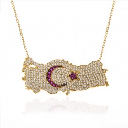 Gümüş Gold Ay Yıldız Türkiye Haritası Kadın Kolye Gümüş Gold Ay Yıldız Türkiye Haritası Kadın Kolye