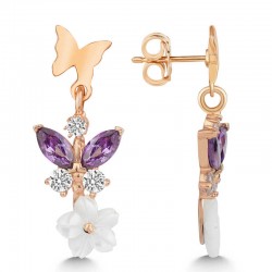 Gümüş Rose Mor Taşlı Sedef Çiçek Çivili Kadın Küpe Gümüş Rose Mor Taşlı Sedef Çiçek Çivili Kadın Küpe