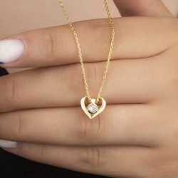 Gümüş Gold Kalpli Tek Taş Kadın Kolye Gümüş Gold Kalpli Tek Taş Kadın Kolye