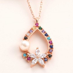 Gümüş Rose Renkli Taşlı Çiçekli Kadın Kolye Gümüş Rose Renkli Taşlı Çiçekli Kadın Kolye