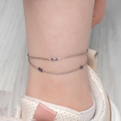 Gümüş Çift Zincirli Kare Lila Taşlı Halhal Gümüş Çift Zincirli Kare Lila Taşlı Halhal