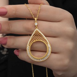 Gümüş Gold Kaplama Damla Yarım Altın Takılabilen Kadın Kolye Gümüş Gold Kaplama Damla Yarım Altın Takılabilen Kadın Kolye